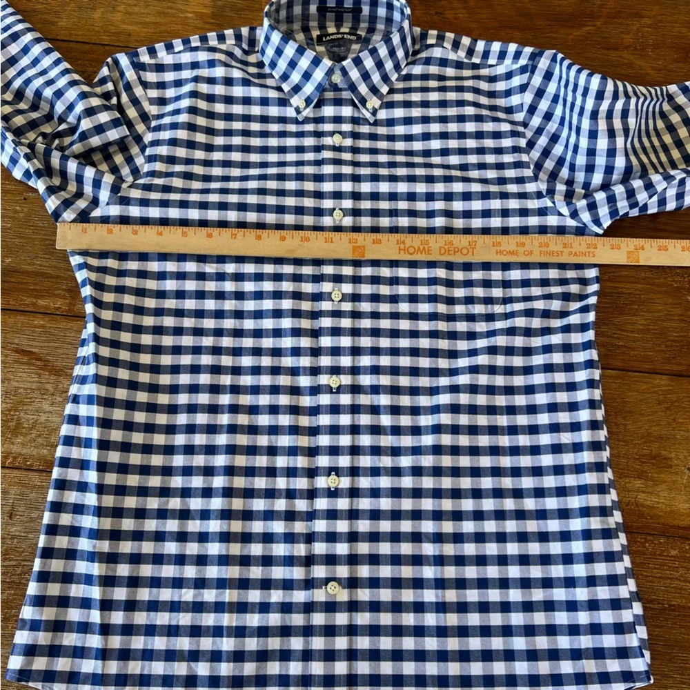 Lands’ End 15 1/2-32 Traditional Fit Navy Checked Button Long Sleeve Dress Shirt